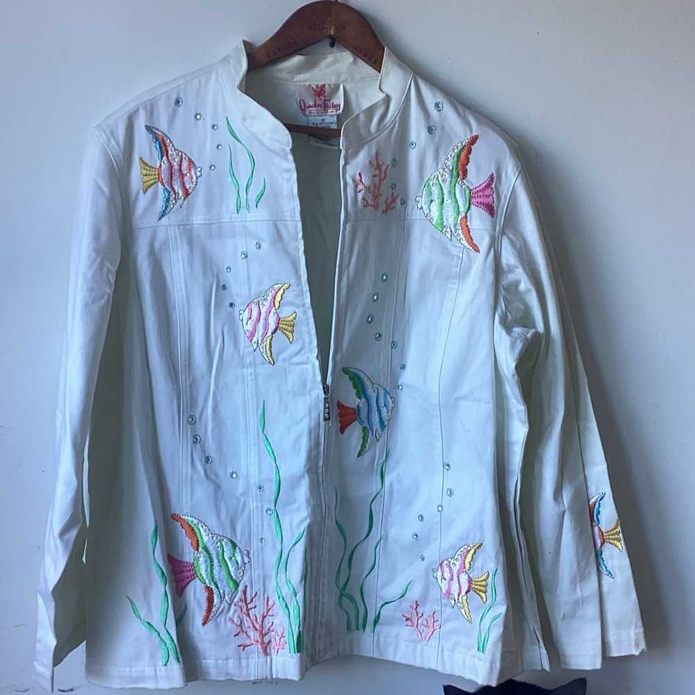Quacker Factory White Jacket with Colorful Fish Embroidery